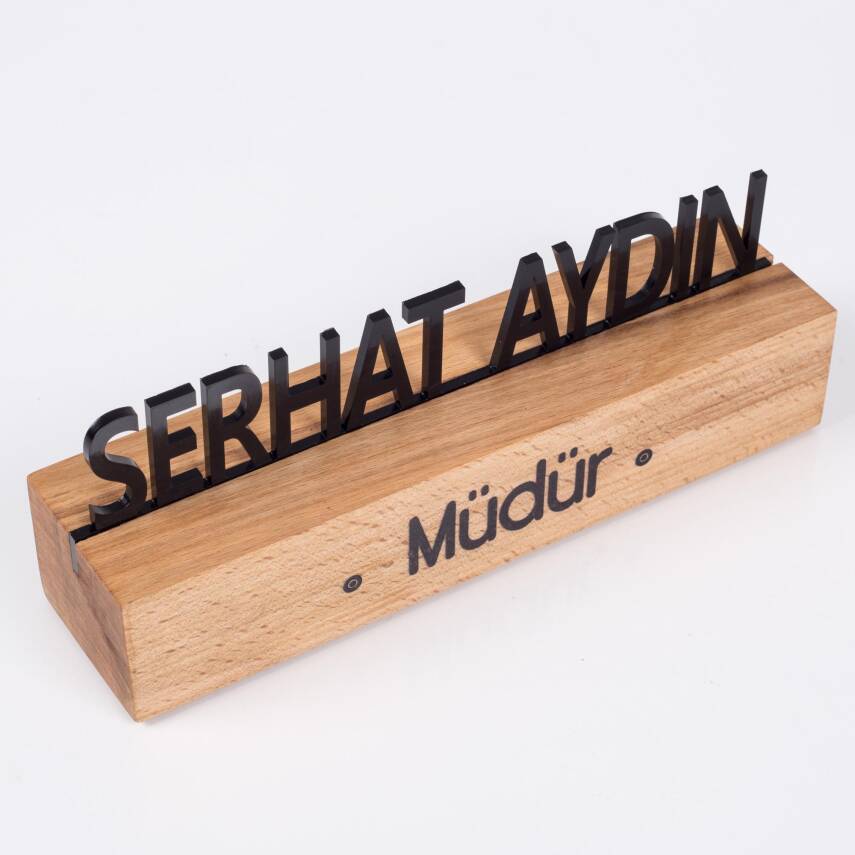 Masif Kayın Ahşap Masa İsimliği Masaüstü İsimlik Standı Siyah Akrilik Masa İsimliği - 8