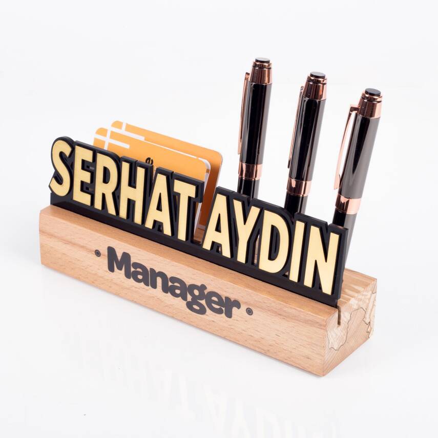 Masif Kayın Ahşap Siyah Akrilik Masa İsimliği Kartvizitlik ve Kalemlikli Masaüstü İsimlik Standı - 1