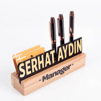 Masif Kayın Ahşap Siyah Akrilik Masa İsimliği Kartvizitlik ve Kalemlikli Masaüstü İsimlik Standı - 3