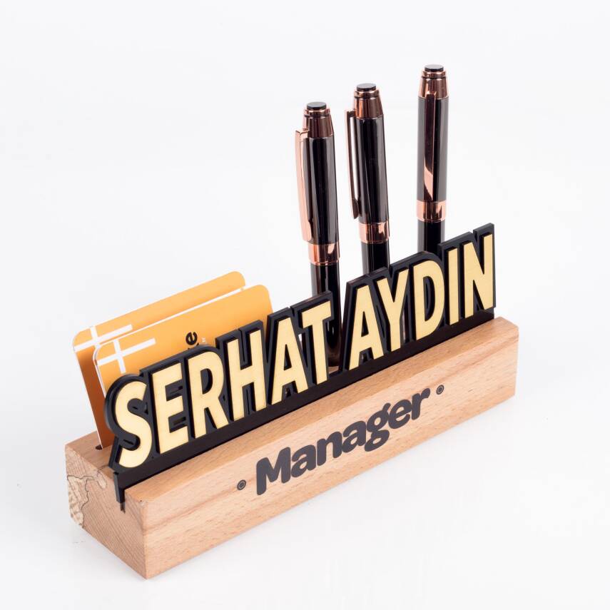 Masif Kayın Ahşap Siyah Akrilik Masa İsimliği Kartvizitlik ve Kalemlikli Masaüstü İsimlik Standı - 3