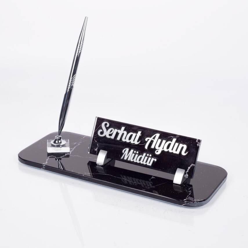 Mermer Desenli Kristal Masa İsimliği Ofis İsimlik Gümüş Kalemli Ofis Masa Üstü Cam İsimlik - 2