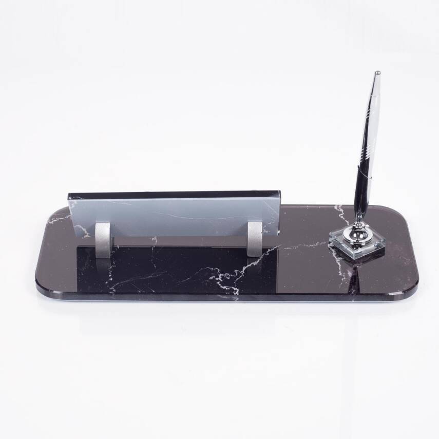 Mermer Desenli Kristal Masa İsimliği Ofis İsimlik Gümüş Kalemli Ofis Masa Üstü Cam İsimlik - 4