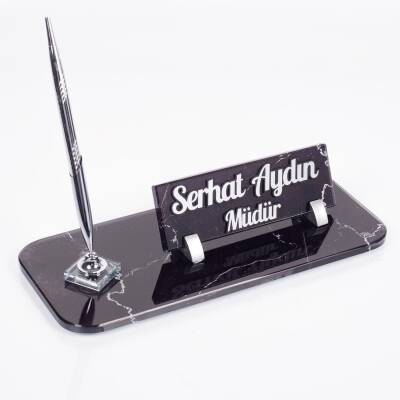 Mermer Desenli Kristal Masa İsimliği Ofis İsimlik Gümüş Kalemli Ofis Masa Üstü Cam İsimlik - Ofistike