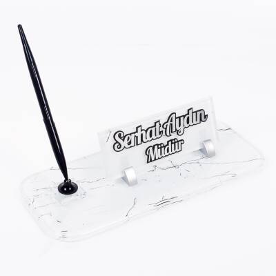 Mermer Desenli Siyah Kalemli Ofis İsimlik Hediye Masa İsimliği - Ofistike