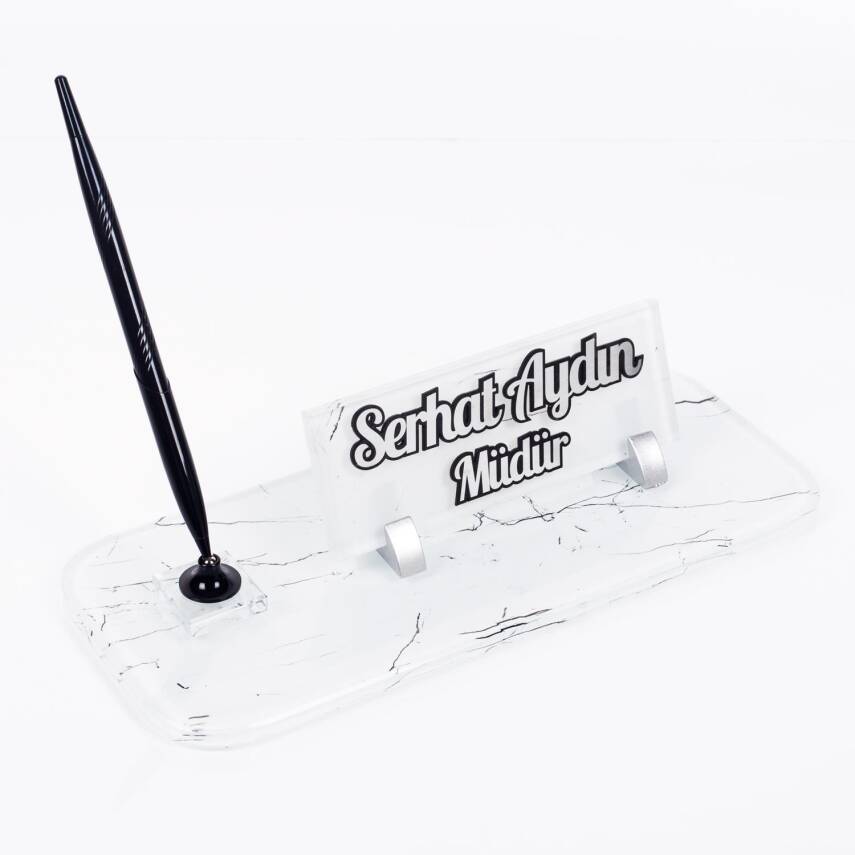 Mermer Desenli Siyah Kalemli Ofis İsimlik Hediye Masa İsimliği - 1