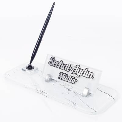 Mermer Desenli Siyah Kalemli Ofis İsimlik Hediye Masa İsimliği - 2