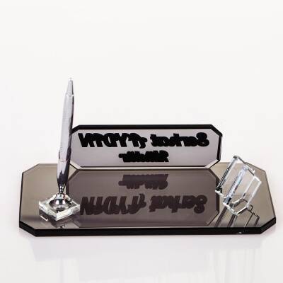 Midilli İsimlik Gümüş Yeni İş Ofis Hediyesi Kristal Masa İsimliği Kalemli Kartvizitlikli Cam İsimlik - 6