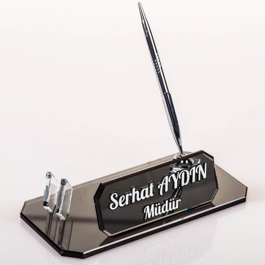 Midilli İsimlik Gümüş Yeni İş Ofis Hediyesi Kristal Masa İsimliği Kalemli Kartvizitlikli Cam İsimlik - 2