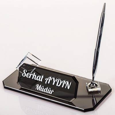 Midilli İsimlik Gümüş Yeni İş Ofis Hediyesi Kristal Masa İsimliği Kalemli Kartvizitlikli Cam İsimlik 