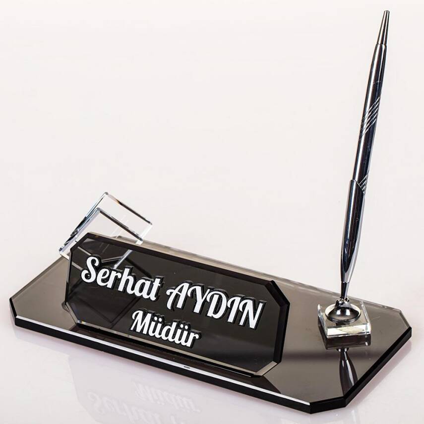 Midilli İsimlik Gümüş Yeni İş Ofis Hediyesi Kristal Masa İsimliği Kalemli Kartvizitlikli Cam İsimlik - 1