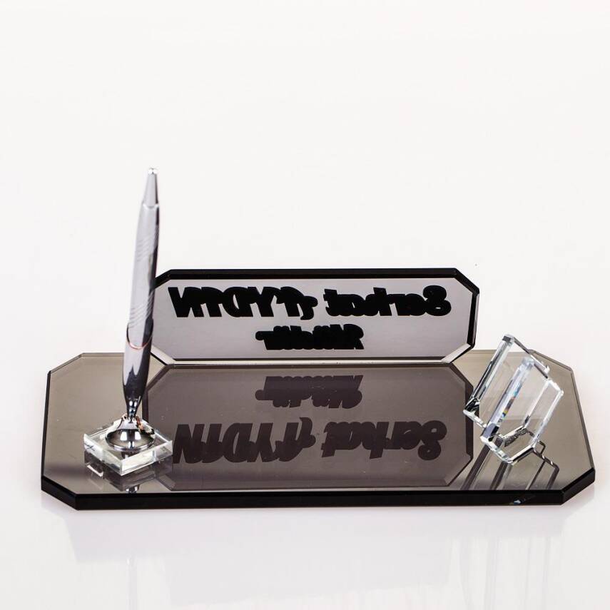 Midilli İsimlik Gümüş Yeni İş Ofis Hediyesi Kristal Masa İsimliği Kalemli Kartvizitlikli Cam İsimlik - 6