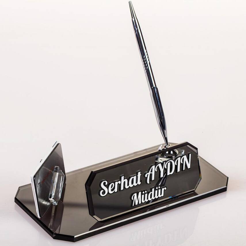 Midilli İsimlik Gümüş Yeni İş Ofis Hediyesi Kristal Masa İsimliği Kalemli Kartvizitlikli Cam İsimlik - 3