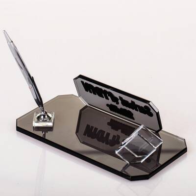 Midilli İsimlik Gümüş Yeni İş Ofis Hediyesi Kristal Masa İsimliği Kalemli Kartvizitlikli Cam İsimlik - 5