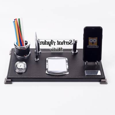 Milano Masa İsimliği Masaüstü Lüks Siyah Deri Ofis İsimlik Seti - Ofistike