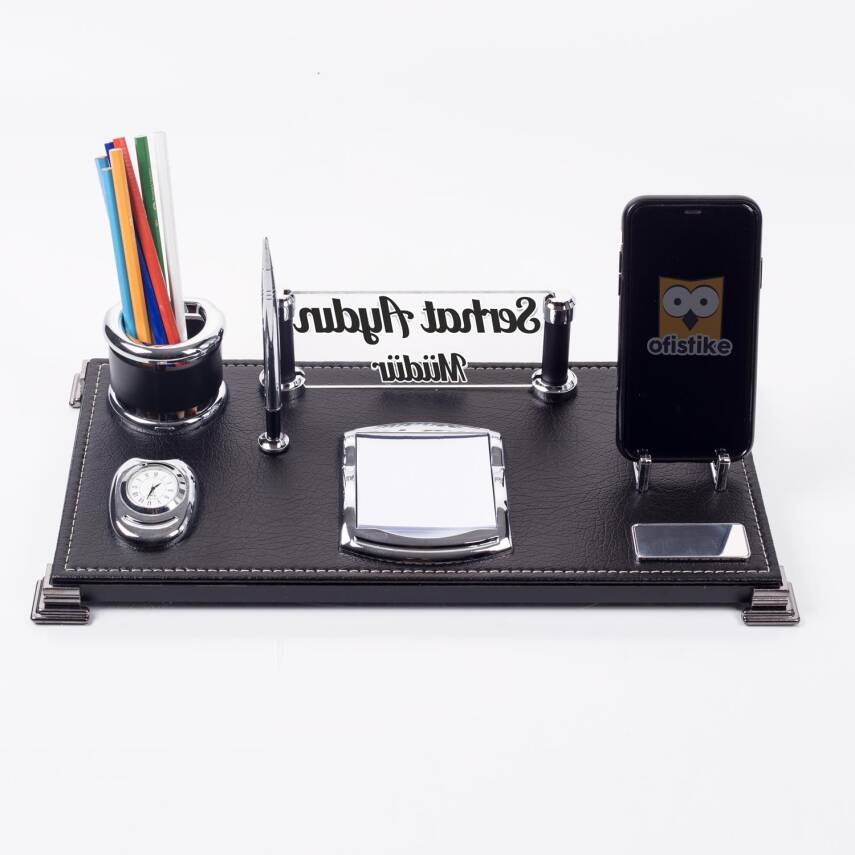 Milano Masa İsimliği Masaüstü Lüks Siyah Deri Ofis İsimlik Seti - 1