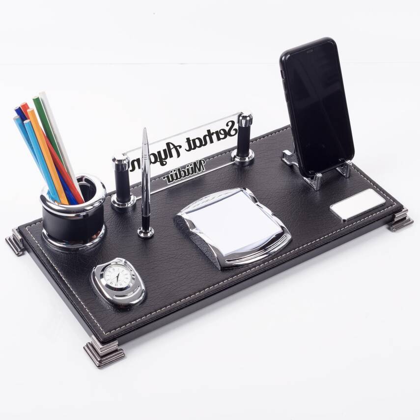 Milano Masa İsimliği Masaüstü Lüks Siyah Deri Ofis İsimlik Seti - 3