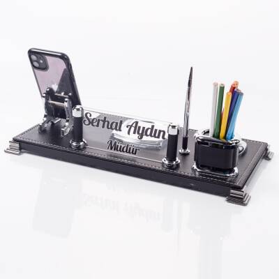 Milano Masa İsimliği Masaüstü Lüks Siyah Deri Ofis İsimlik Seti - 2