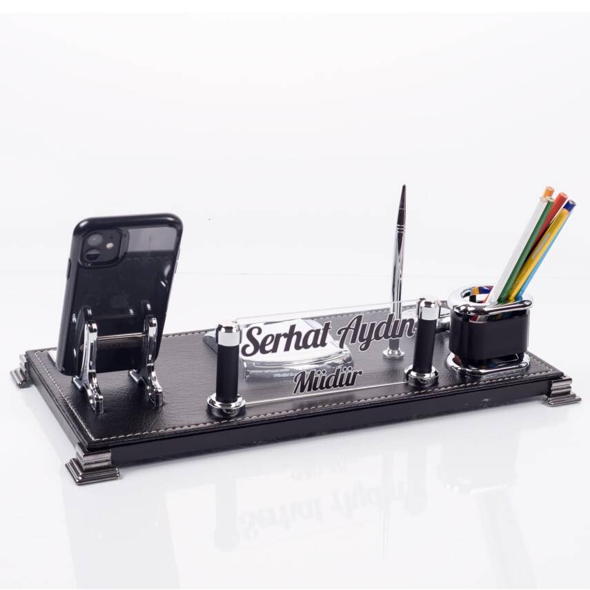 Milano Masa İsimliği Masaüstü Lüks Siyah Deri Ofis İsimlik Seti - 4