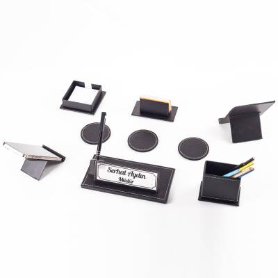 Modex 7 Parça Deri İsme Özel Kalemli Masa İsimliği Ofis Seti Ekonomik Masaüstü İsimlik Seti Hediye - Ofistike