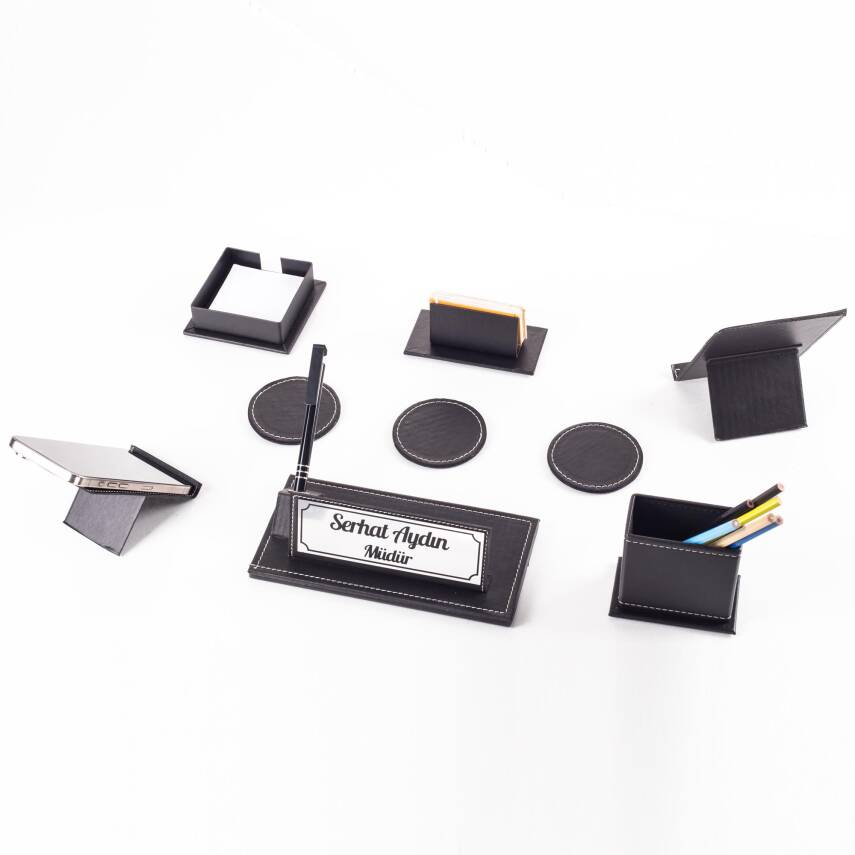 Modex 7 Parça Deri İsme Özel Kalemli Masa İsimliği Ofis Seti Ekonomik Masaüstü İsimlik Seti Hediye - 1