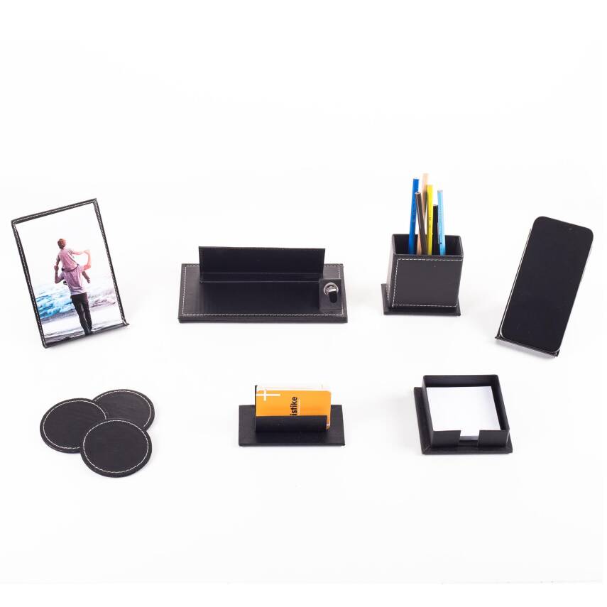 Modex 7 Parça Deri İsme Özel Kalemli Masa İsimliği Ofis Seti Ekonomik Masaüstü İsimlik Seti Hediye - 2