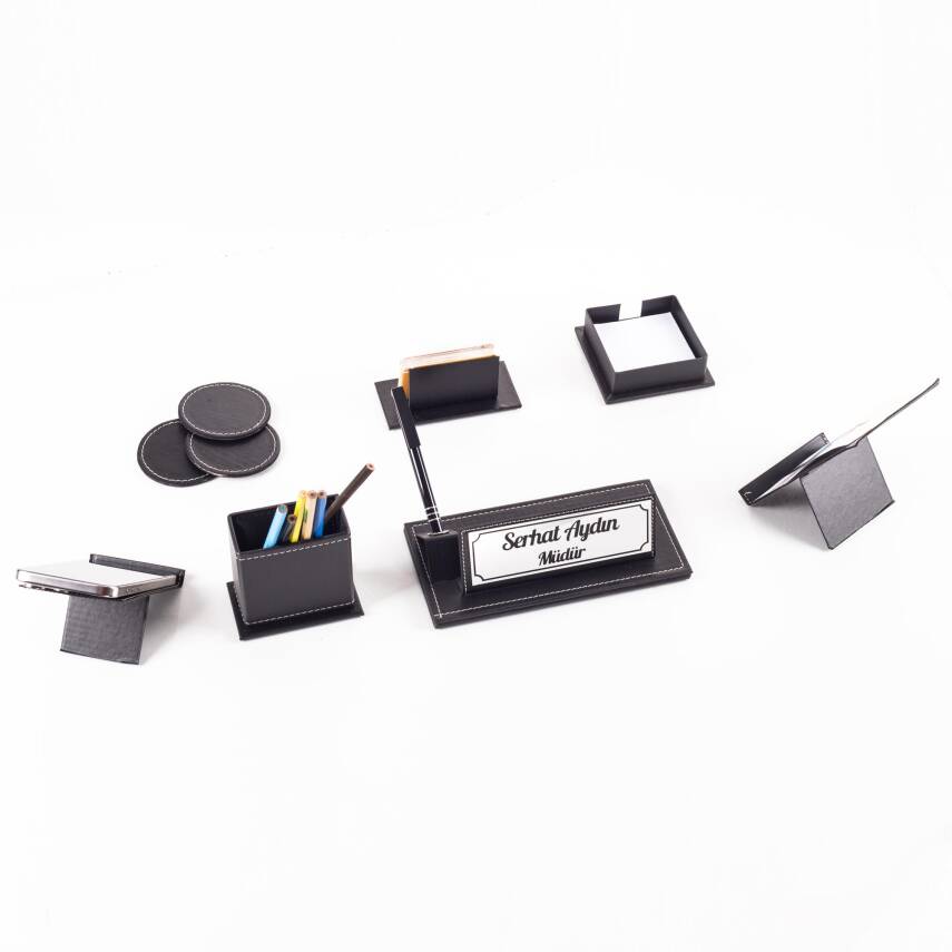 Modex 7 Parça Deri İsme Özel Kalemli Masa İsimliği Ofis Seti Ekonomik Masaüstü İsimlik Seti Hediye - 6