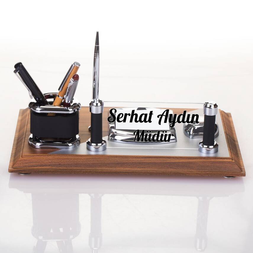 Napoli Ofis Ahşap Masa İsimliği Masaüstü İsimlik Seti Yönetici Müdür Hediyesi Masa üstü Organizer - 2