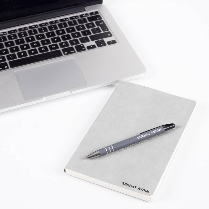 Ofistike İsme Kişiye Özel Gri Renk İsim Baskılı Ajanda Kalem Seti - 1