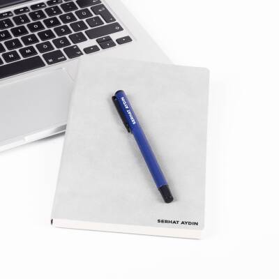 Ofistike İsme Kişiye Özel Gri Renk İsim Baskılı Metal Kalemli Ajanda Kalem Seti - Ofistike