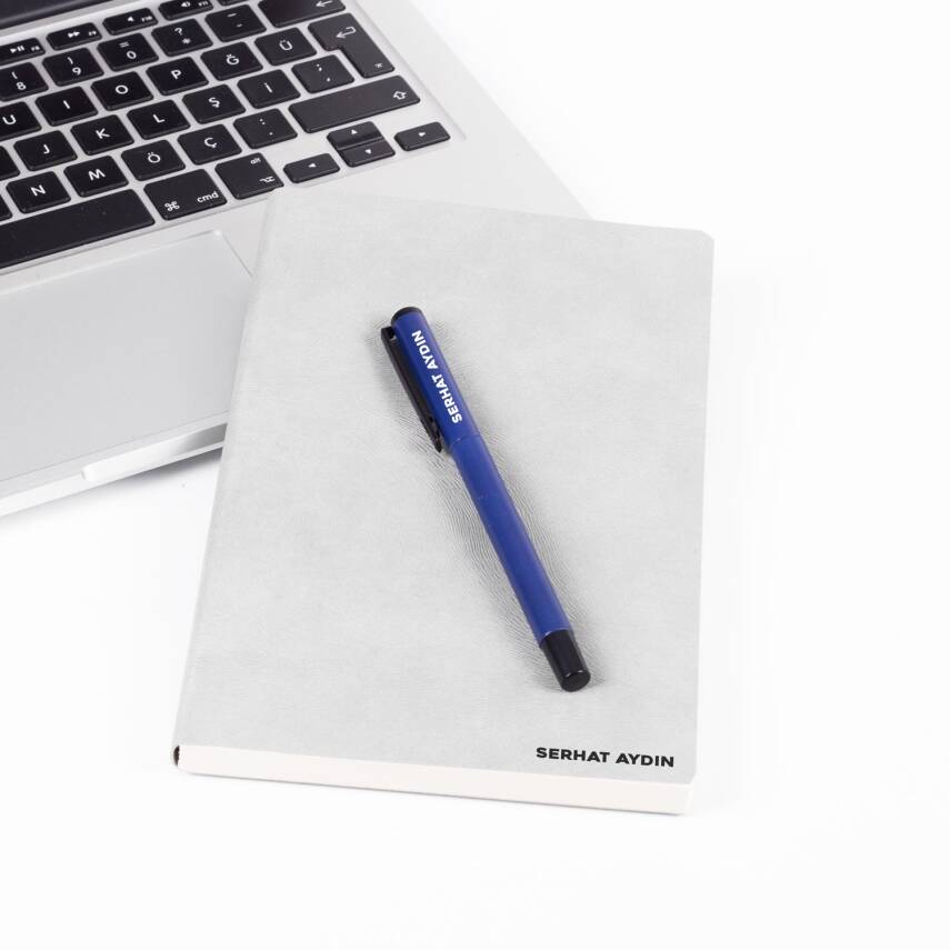 Ofistike İsme Kişiye Özel Gri Renk İsim Baskılı Metal Kalemli Ajanda Kalem Seti - 1