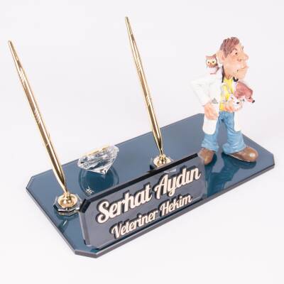 Ofistike Veteriner Hekim Biblolu Kristal Masa İsimlik Veteriner Hediyesi Masa İsimliği - Ofistike
