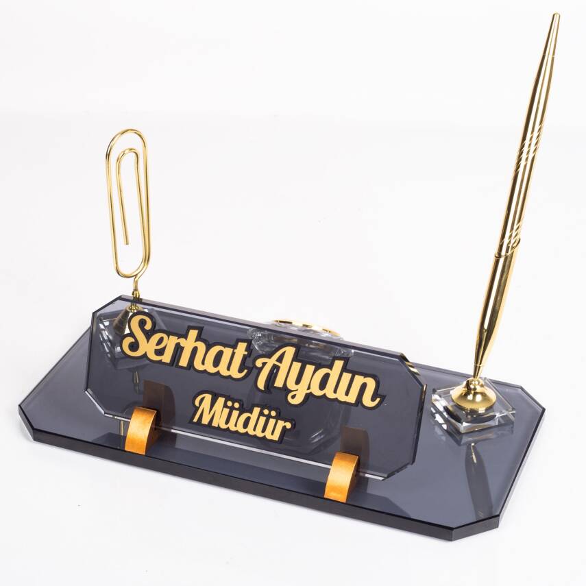 Olimpos Altın Masa İsimliği Kristal Ofis Masa üstü Kabartma İsimlik Hediye Şık Masaüstü Kalemlik - 1