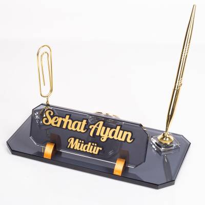 Olimpos Altın Masa İsimliği Kristal Ofis Masa üstü Kabartma İsimlik Hediye Şık Masaüstü Kalemlik - Ofistike
