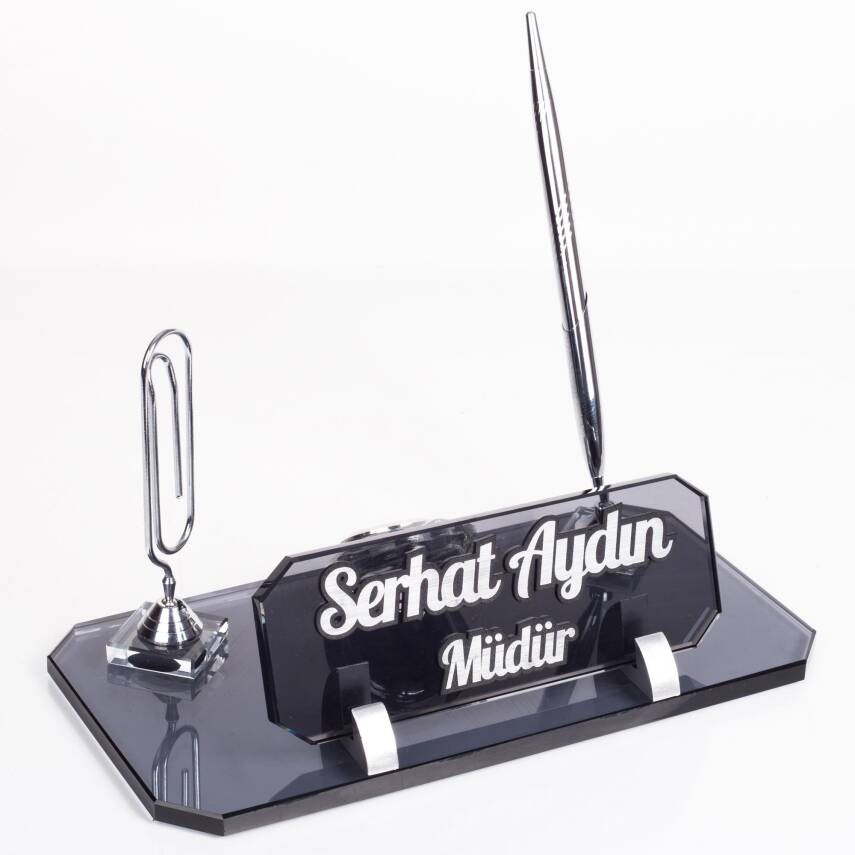 Olimpos Gümüş Masa İsimliği Kristal Ofis Masa üstü Kabartma İsimlik Hediye Şık Masaüstü Kalemlik - 3