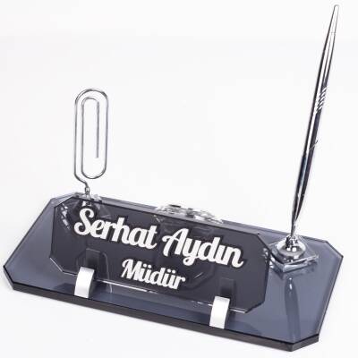 Olimpos Gümüş Masa İsimliği Kristal Ofis Masa üstü Kabartma İsimlik Hediye Şık Masaüstü Kalemlik - Ofistike