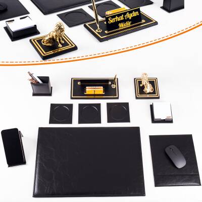 Opta 10 Parça Aslan Biblolu Siyah Deri Sümen Seti Takımı Gold Kalem Ofis Masa İsimliği Lüks İsimlik 