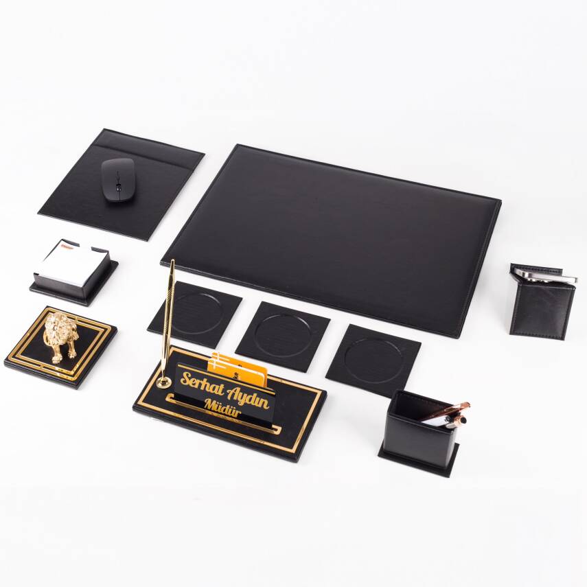 Opta 10 Parça Aslan Biblolu Siyah Deri Sümen Seti Takımı Gold Kalem Ofis Masa İsimliği Lüks İsimlik - 2