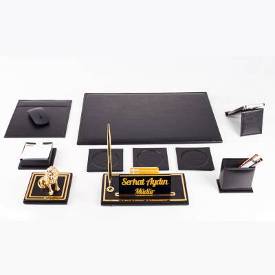 Opta 10 Parça Aslan Biblolu Siyah Deri Sümen Seti Takımı Gold Kalem Ofis Masa İsimliği Lüks İsimlik - 3