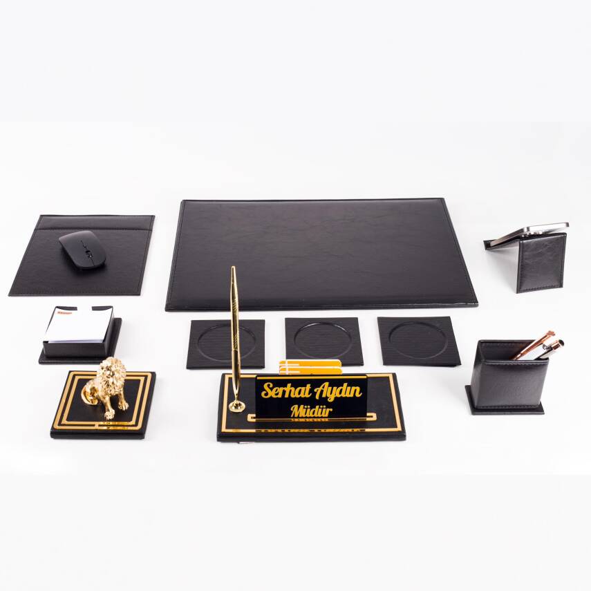 Opta 10 Parça Aslan Biblolu Siyah Deri Sümen Seti Takımı Gold Kalem Ofis Masa İsimliği Lüks İsimlik - 3