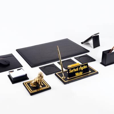 Opta 10 Parça Aslan Biblolu Siyah Deri Sümen Seti Takımı Gold Kalem Ofis Masa İsimliği Lüks İsimlik - 4