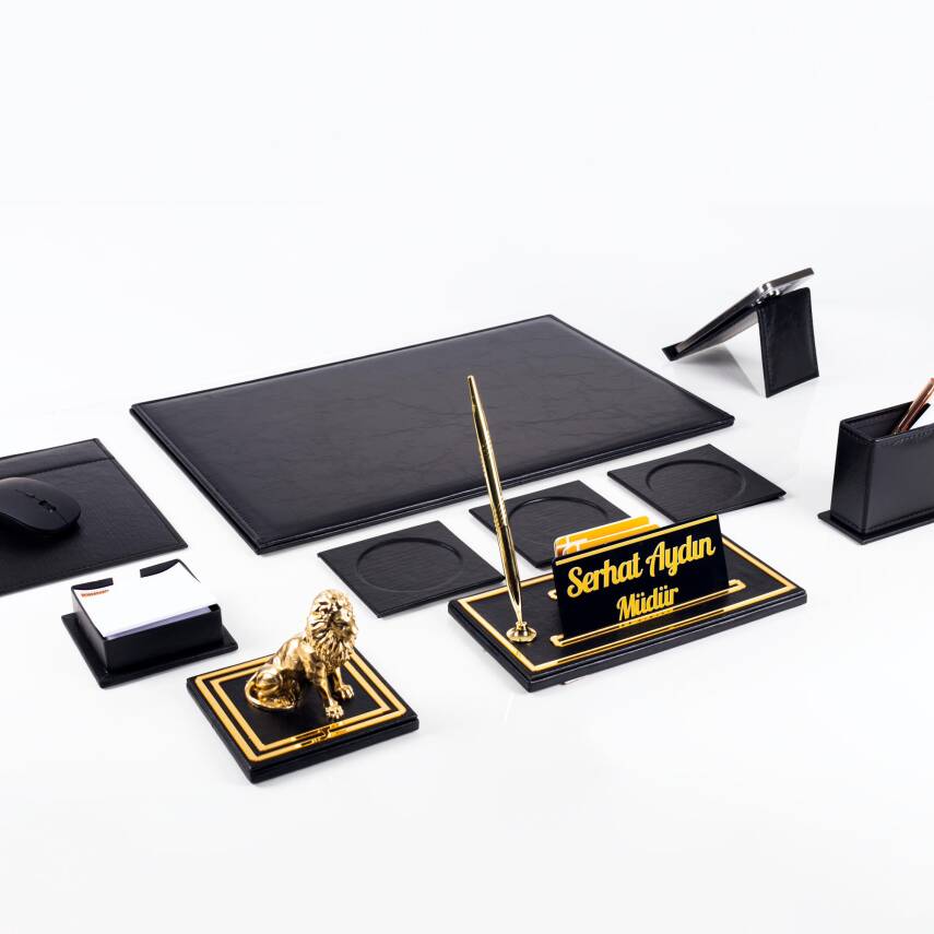 Opta 10 Parça Aslan Biblolu Siyah Deri Sümen Seti Takımı Gold Kalem Ofis Masa İsimliği Lüks İsimlik - 4