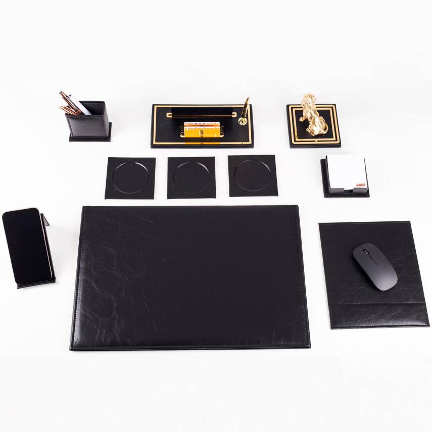 Opta 10 Parça Aslan Biblolu Siyah Deri Sümen Seti Takımı Gold Kalem Ofis Masa İsimliği Lüks İsimlik - 5