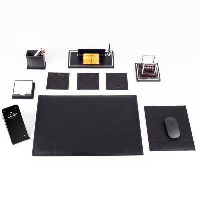 Opta 10 Parça Denge Topu Biblolu Siyah Deri Sümen Seti Takımı Gümüş Ofis Masa İsimliği Lüks İsimlik - 2