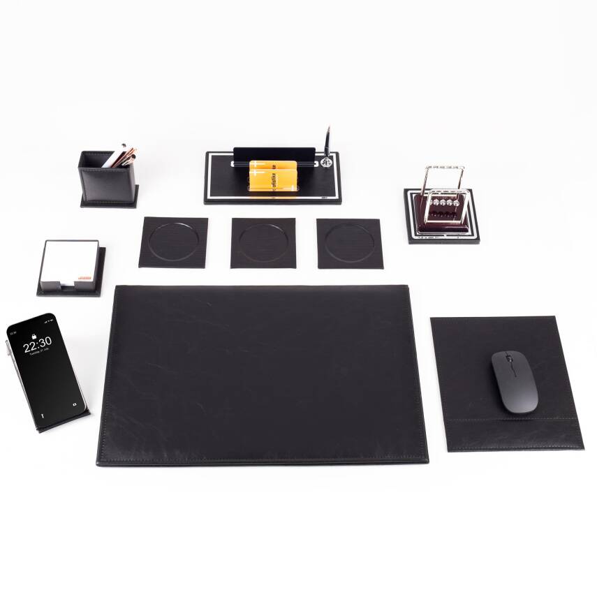 Opta 10 Parça Denge Topu Biblolu Siyah Deri Sümen Seti Takımı Gümüş Ofis Masa İsimliği Lüks İsimlik - 2