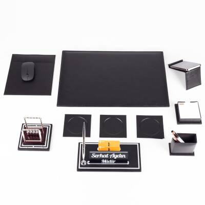 Opta 10 Parça Denge Topu Biblolu Siyah Deri Sümen Seti Takımı Gümüş Ofis Masa İsimliği Lüks İsimlik - 5