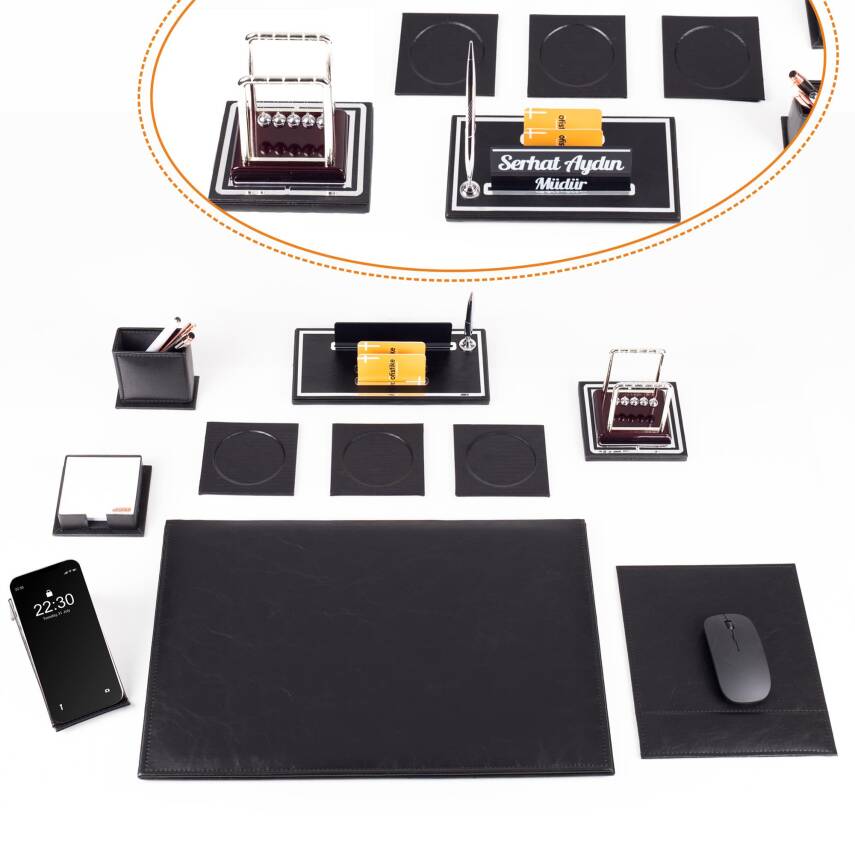 Opta 10 Parça Denge Topu Biblolu Siyah Deri Sümen Seti Takımı Gümüş Ofis Masa İsimliği Lüks İsimlik - 1