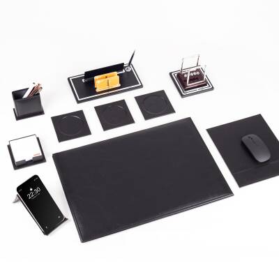 Opta 10 Parça Denge Topu Biblolu Siyah Deri Sümen Seti Takımı Gümüş Ofis Masa İsimliği Lüks İsimlik - 3