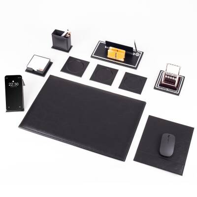 Opta 10 Parça Denge Topu Biblolu Siyah Deri Sümen Seti Takımı Gümüş Ofis Masa İsimliği Lüks İsimlik - 4