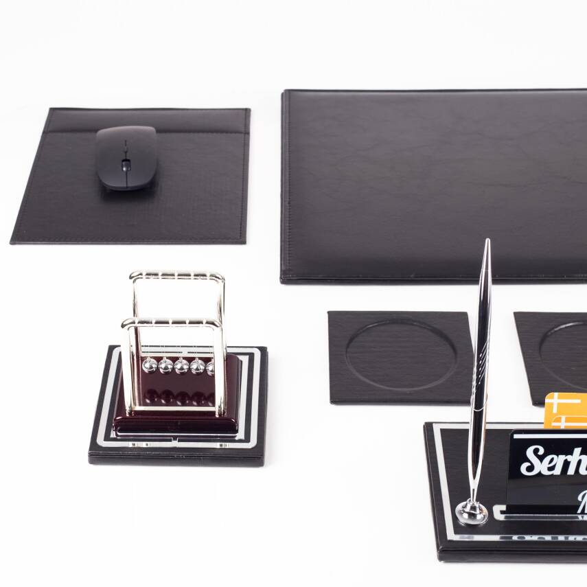 Opta 10 Parça Denge Topu Biblolu Siyah Deri Sümen Seti Takımı Gümüş Ofis Masa İsimliği Lüks İsimlik - 6