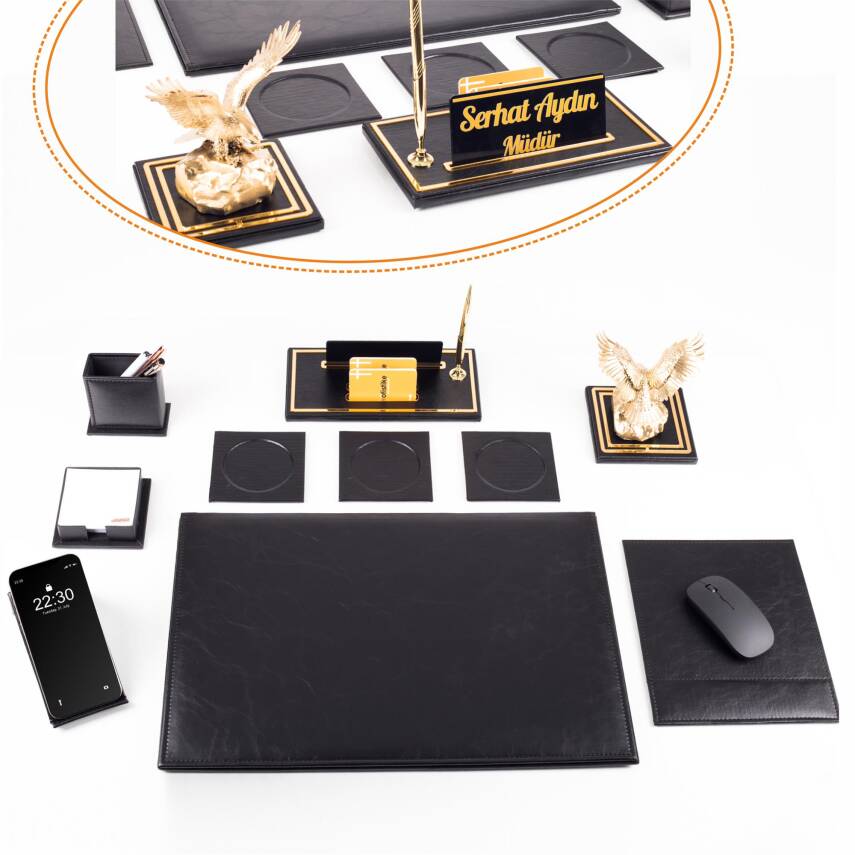 Opta 10 Parça Kartal Biblolu Siyah Deri Sümen Seti Takımı Gold Kalem Ofis Masa İsimliği Lüks İsimlik - 1